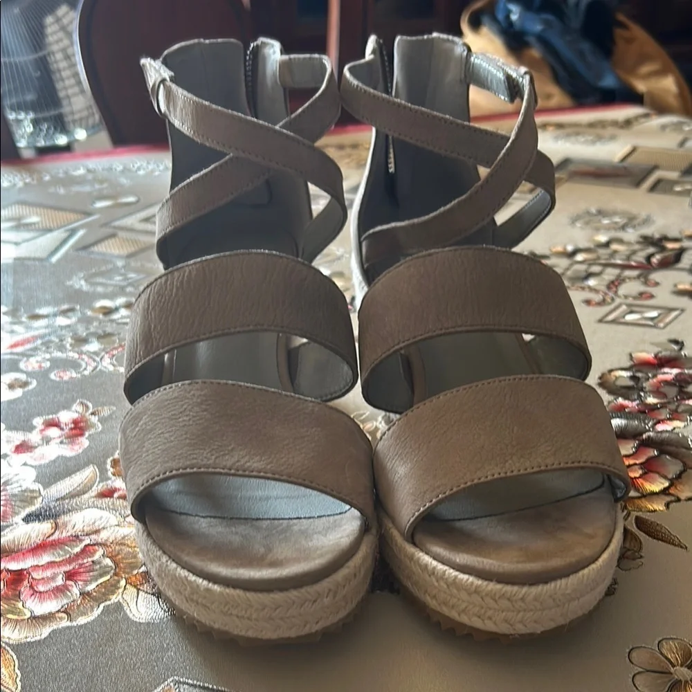 Tan Espadrille Platform Shoes with Crisscross Straps